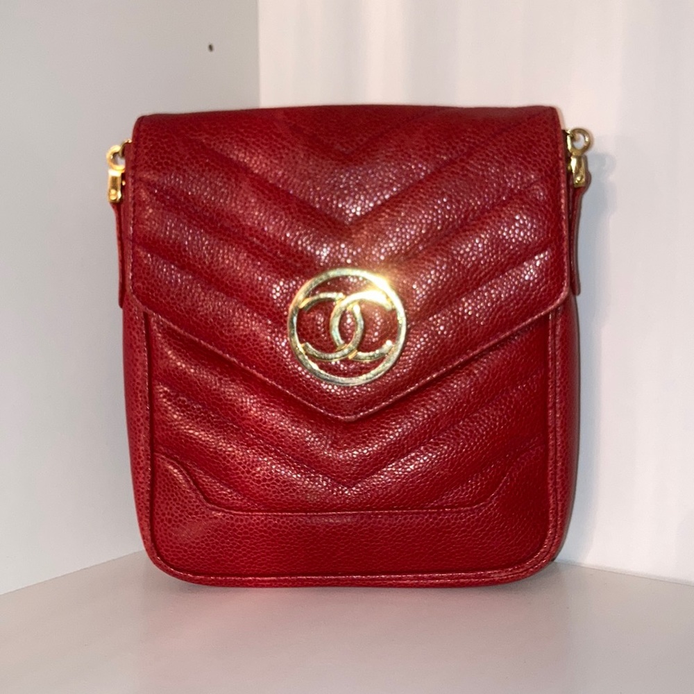 RARE Vintage red caviar chevron Chanel flap with 24 karat gold hardware